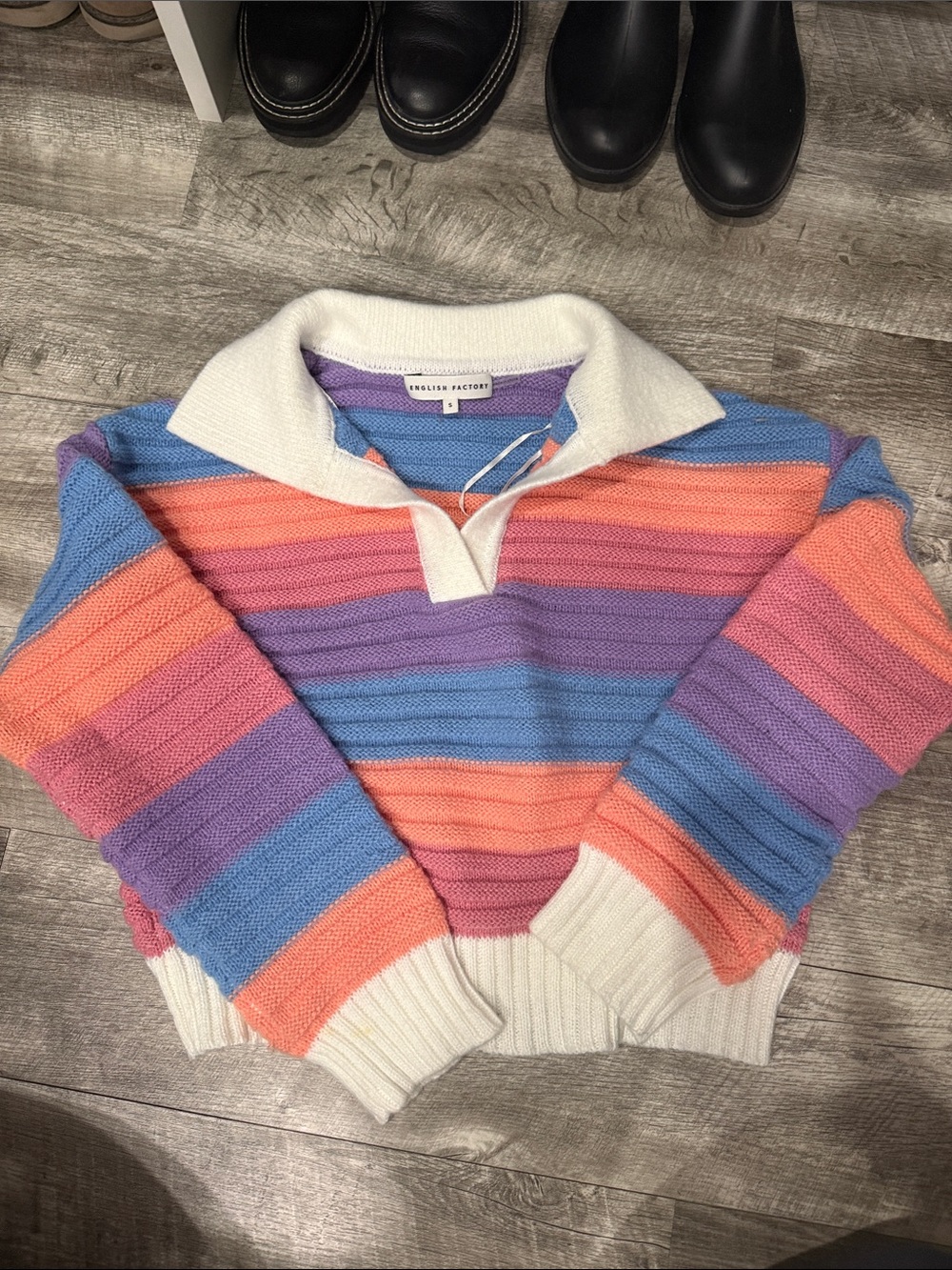 Striped V‑Neck Collar Sweater in White, Coral, Lavender & Blue